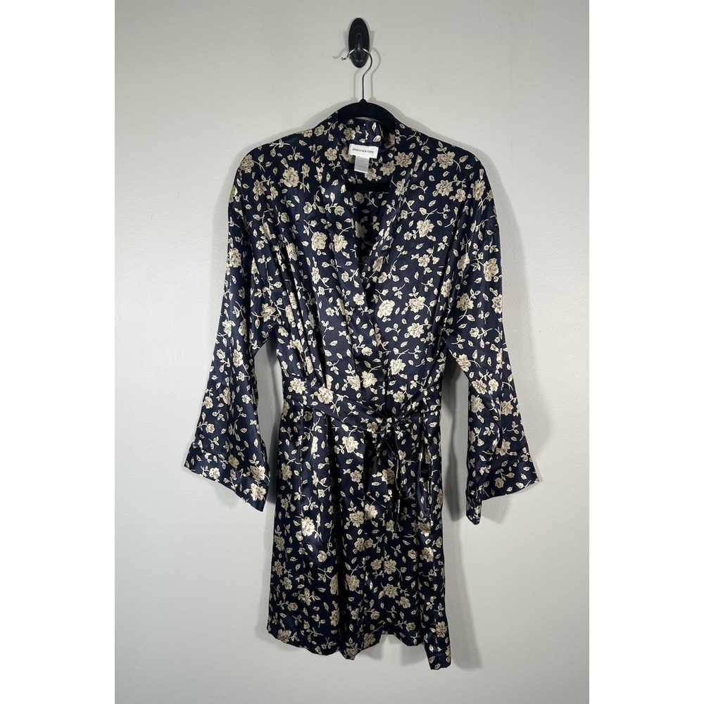 Jones New Yorkโ Womens L Blue Floral Satin Kimono Belted Tie Robe Dress 90s Y2K